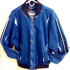American Bazi Distressed Blue Jean Bomber Jacket Size